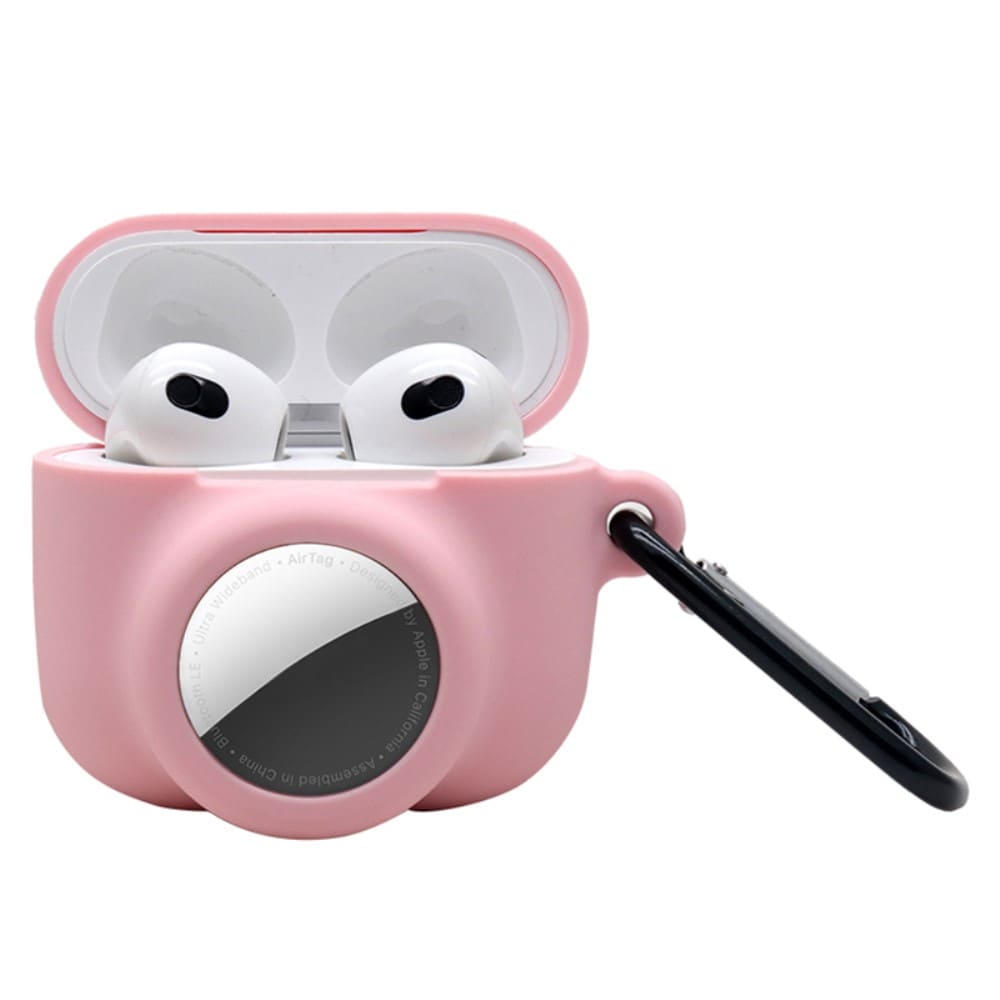 Apple AirTag/AirPods 3 Silikonecover med AirTag-holder + karabinhage, Lyserød