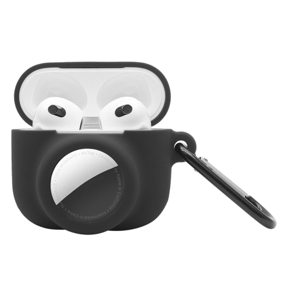 Apple AirTag/AirPods 3 Silikonecover med AirTag-holder + karabinhage, Sort