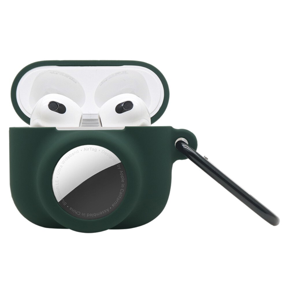 Apple AirTag/AirPods 3 Silikonecover med AirTag-holder + karabinhage, Mørkegrøn
