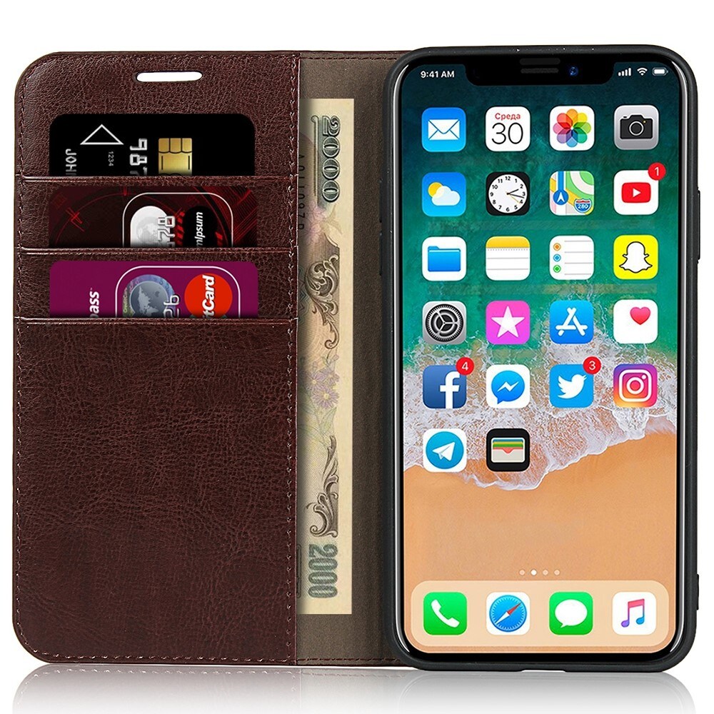 iPhone 11 Smidigt mobiletui i ægte læder, Mørkebrun
