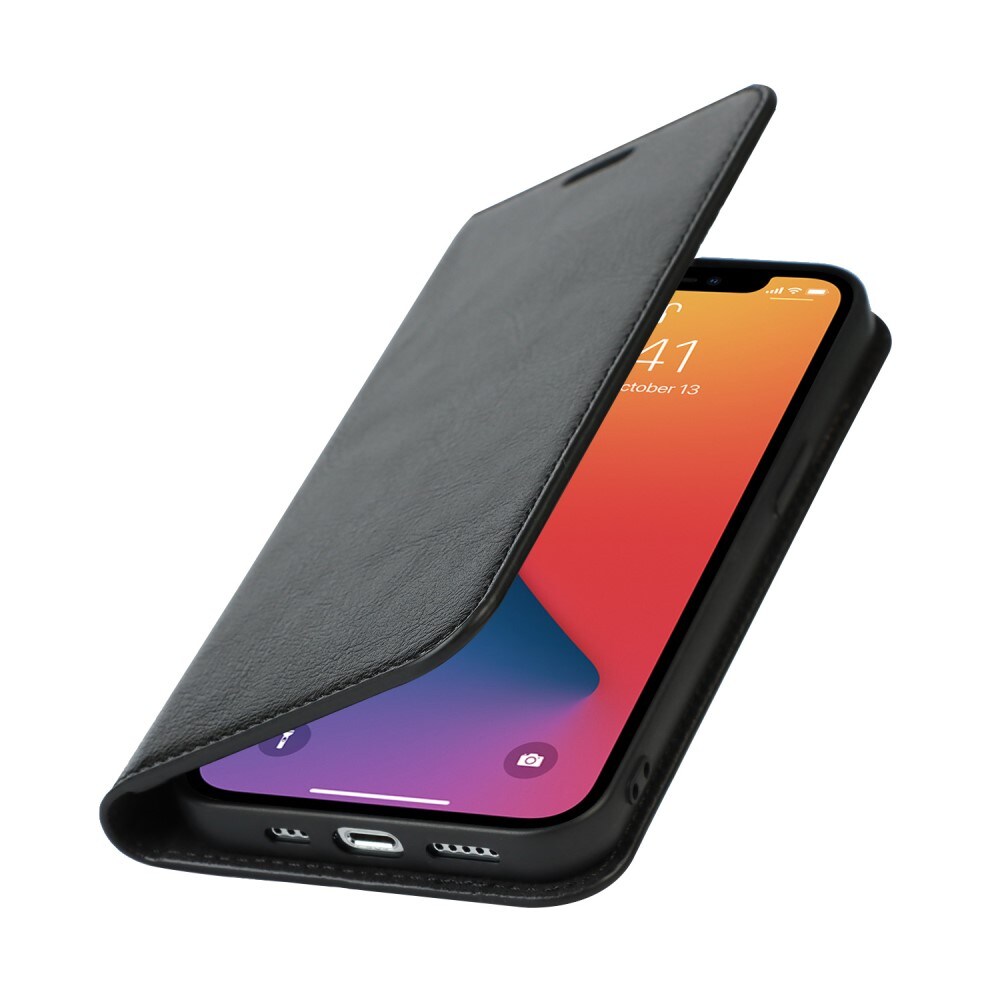 iPhone 12/iPhone 12 Pro Smidigt mobiletui i ægte læder, Sort