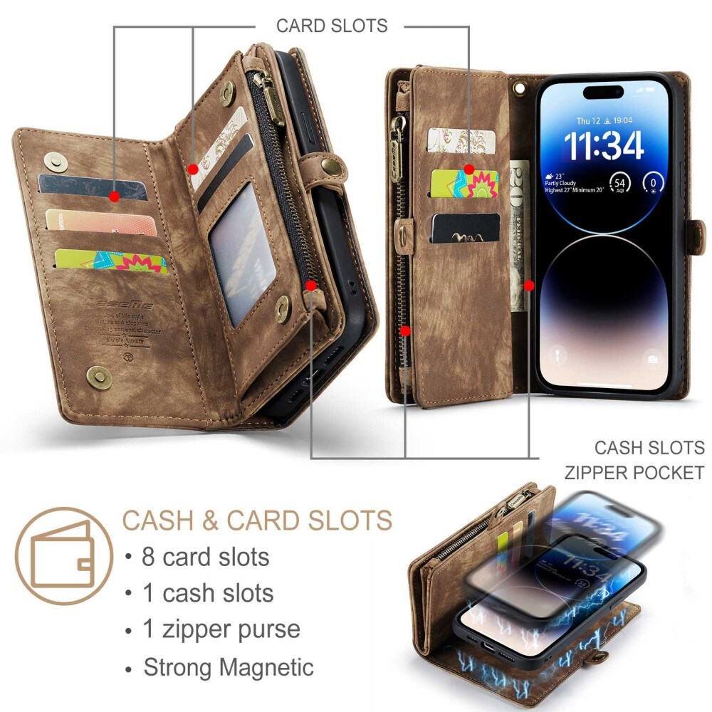 iPhone 13 Pro Rummeligt pungetui med mange kortholdere, Brun