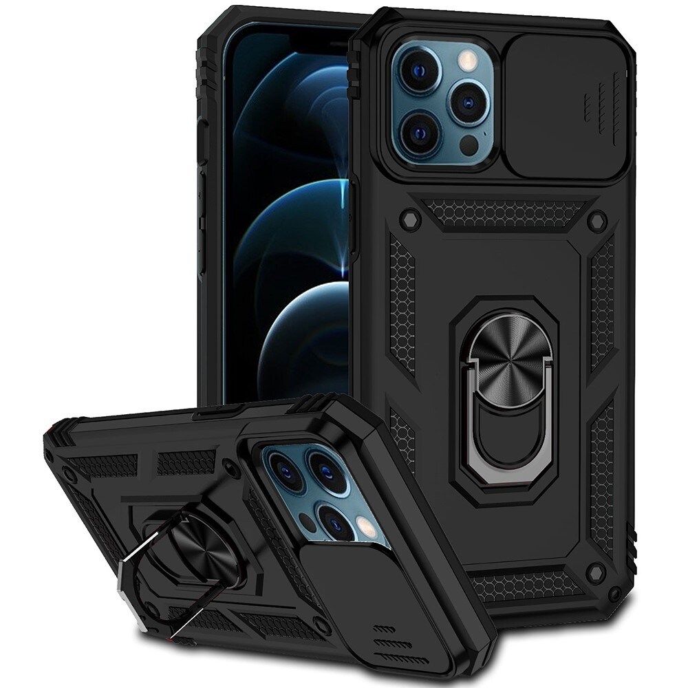 iPhone 12 Pro Max Cover med kamerabeskyttelse & fingerring, Sort