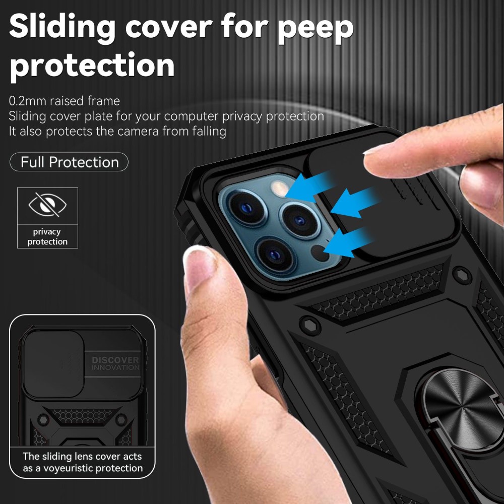 iPhone 12 Pro Max Cover med kamerabeskyttelse & fingerring, Sort