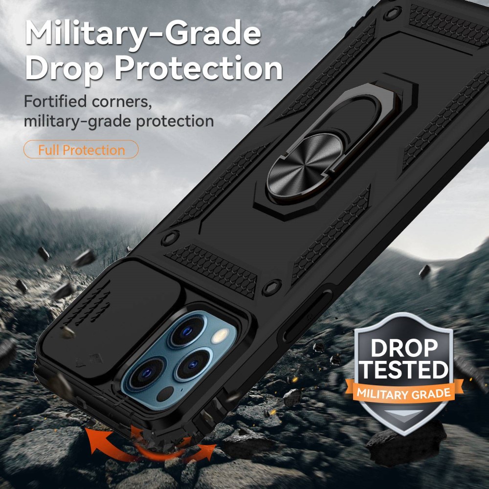 iPhone 12 Pro Max Cover med kamerabeskyttelse & fingerring, Sort