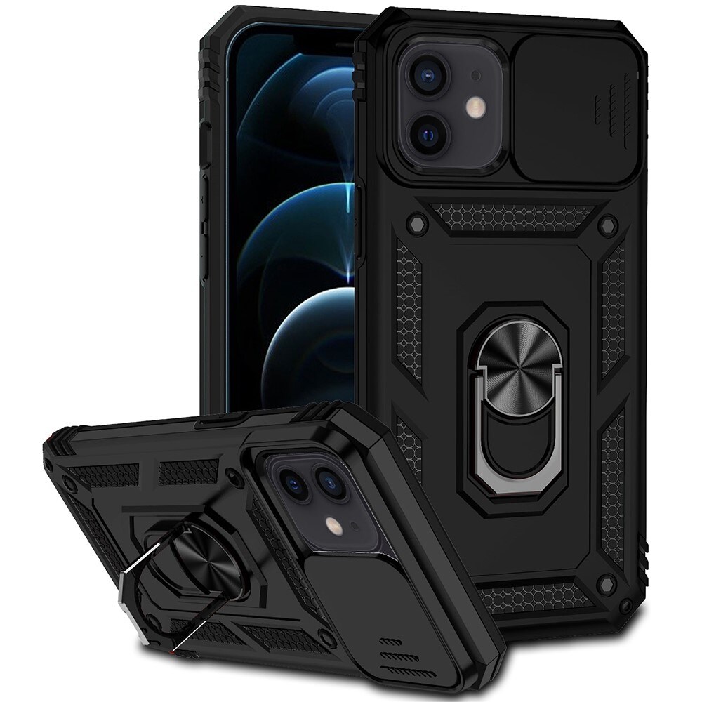 iPhone 12/iPhone 12 Pro Cover med kamerabeskyttelse & fingerring, Sort