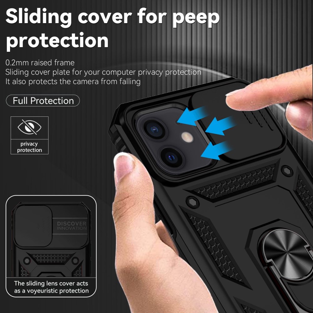 iPhone 12/iPhone 12 Pro Cover med kamerabeskyttelse & fingerring, Sort