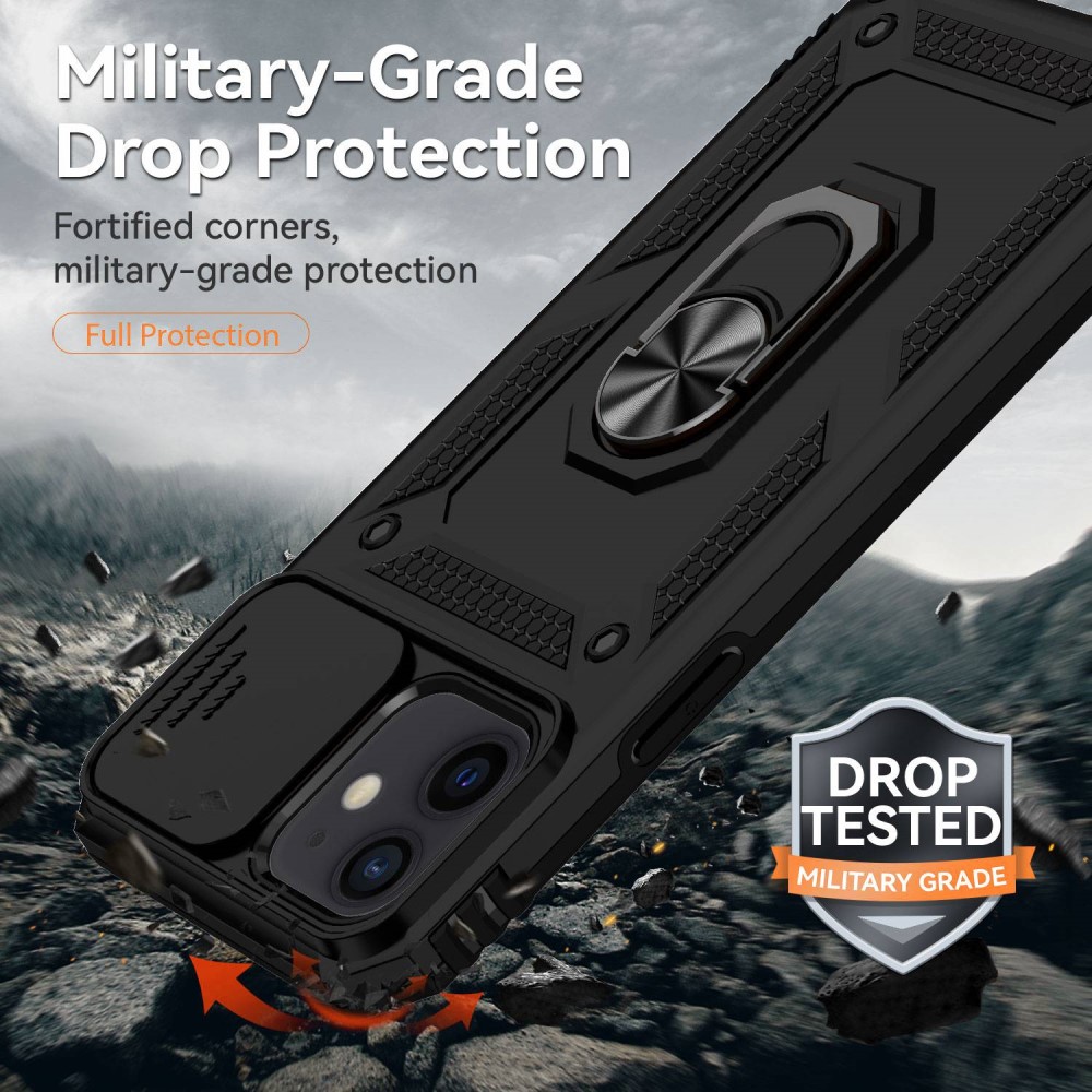iPhone 12/iPhone 12 Pro Cover med kamerabeskyttelse & fingerring, Sort