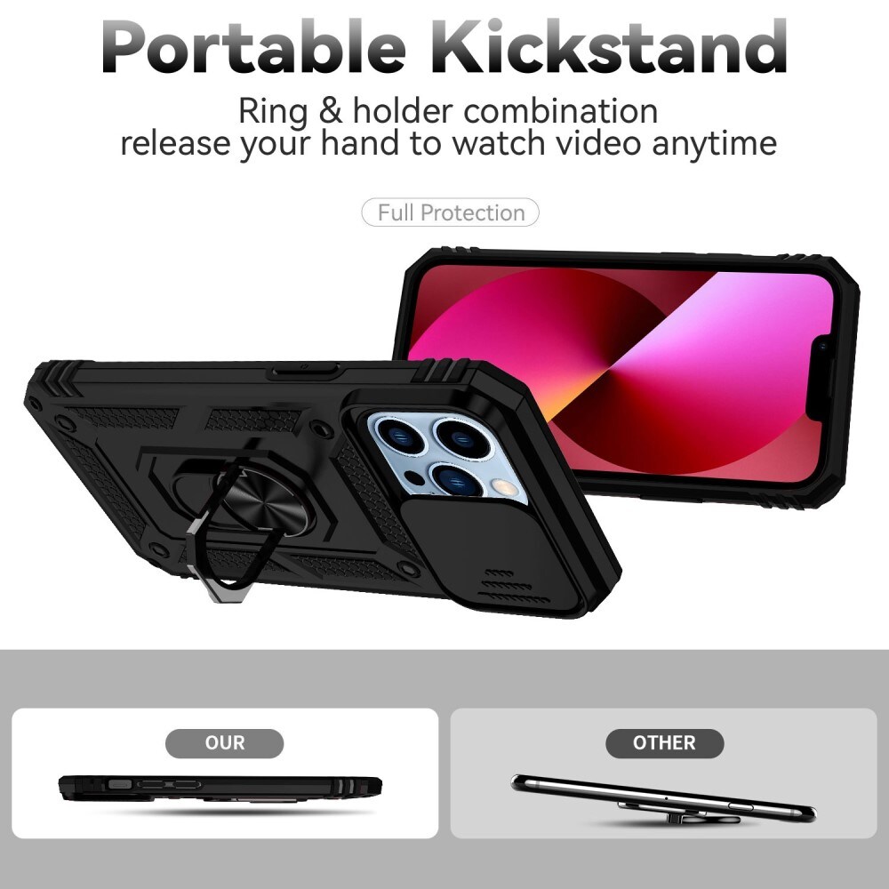 iPhone 13 Pro Cover med kamerabeskyttelse & fingerring, Sort