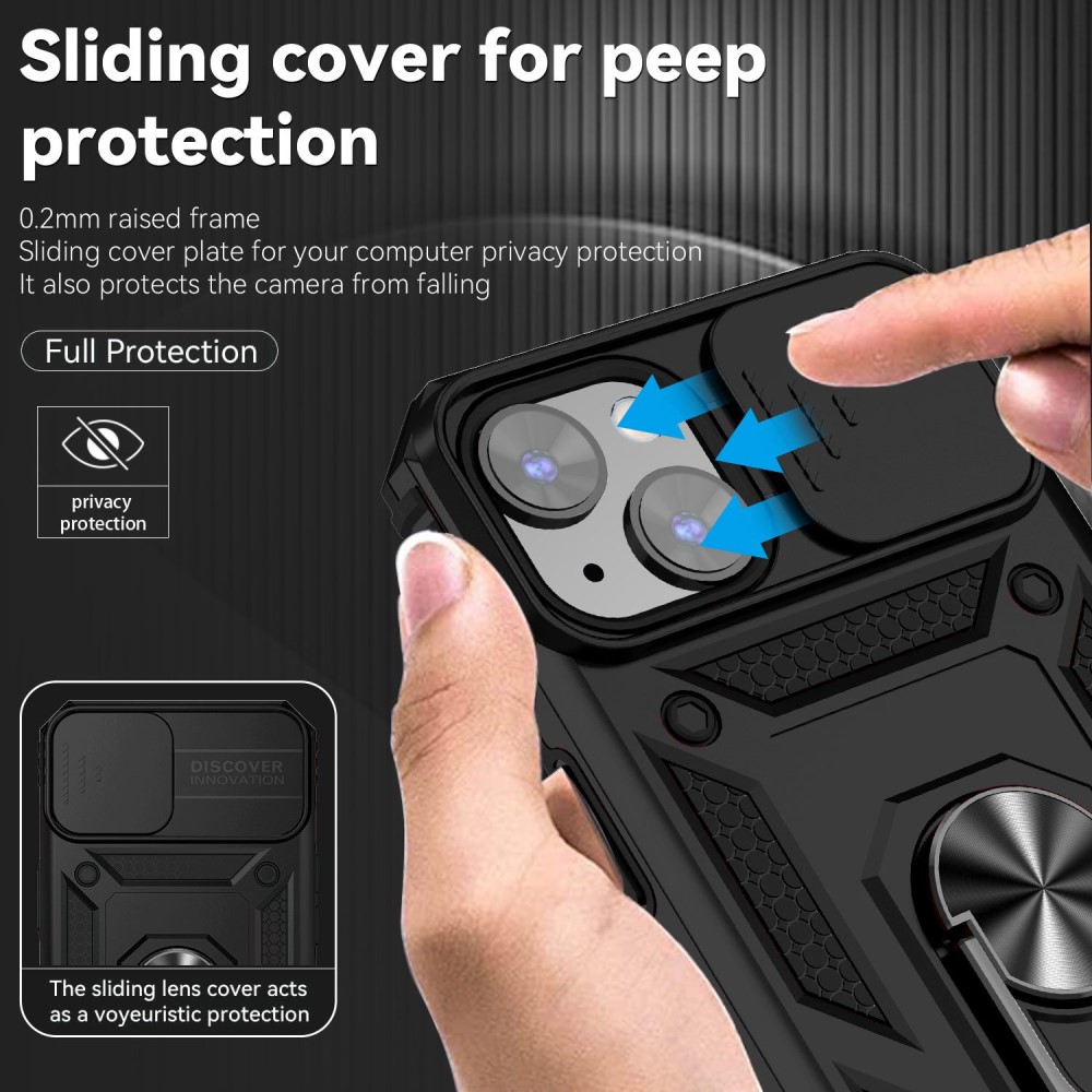 iPhone 14 Plus Cover med kamerabeskyttelse & fingerring, Sort
