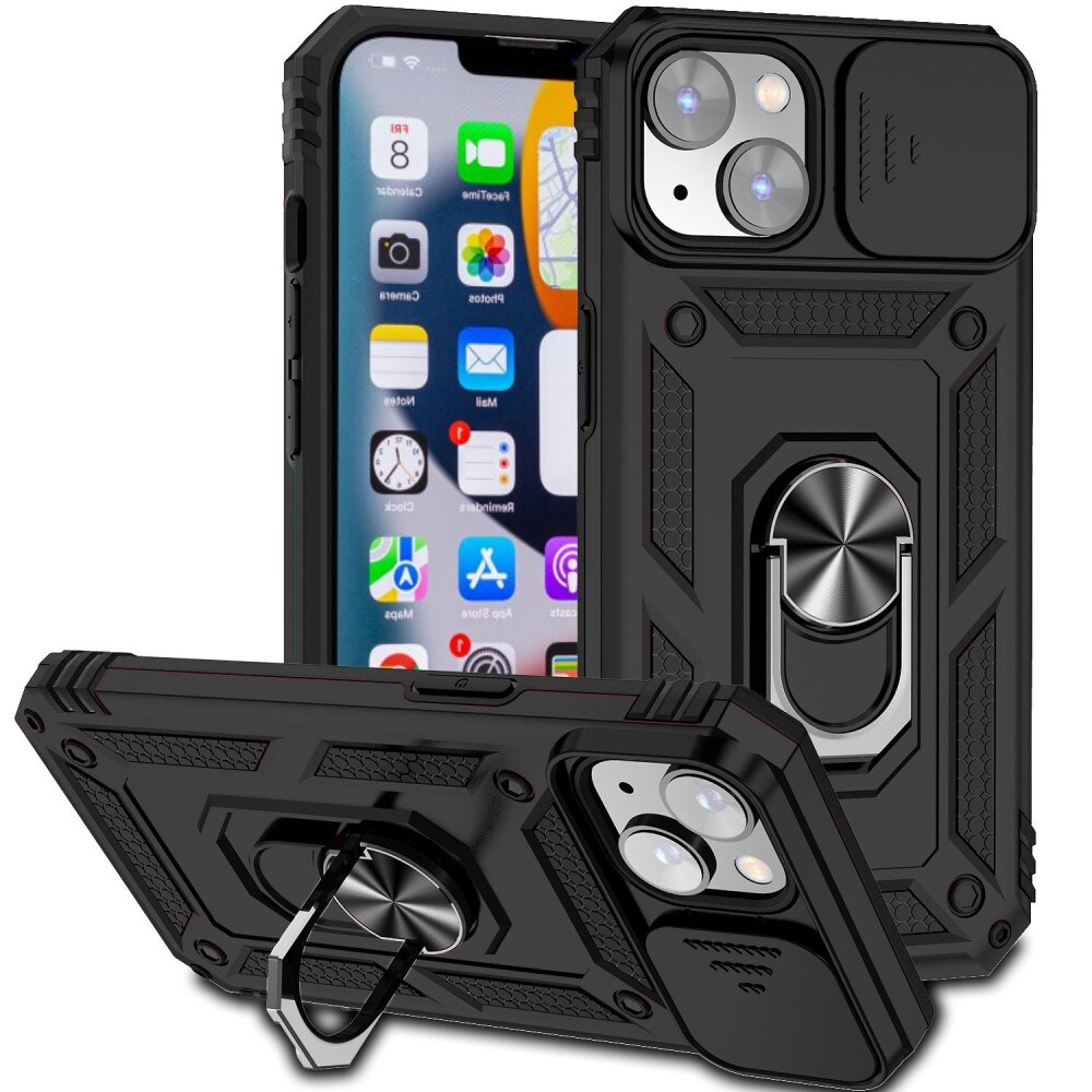 iPhone 14 Cover med kamerabeskyttelse & fingerring, Sort