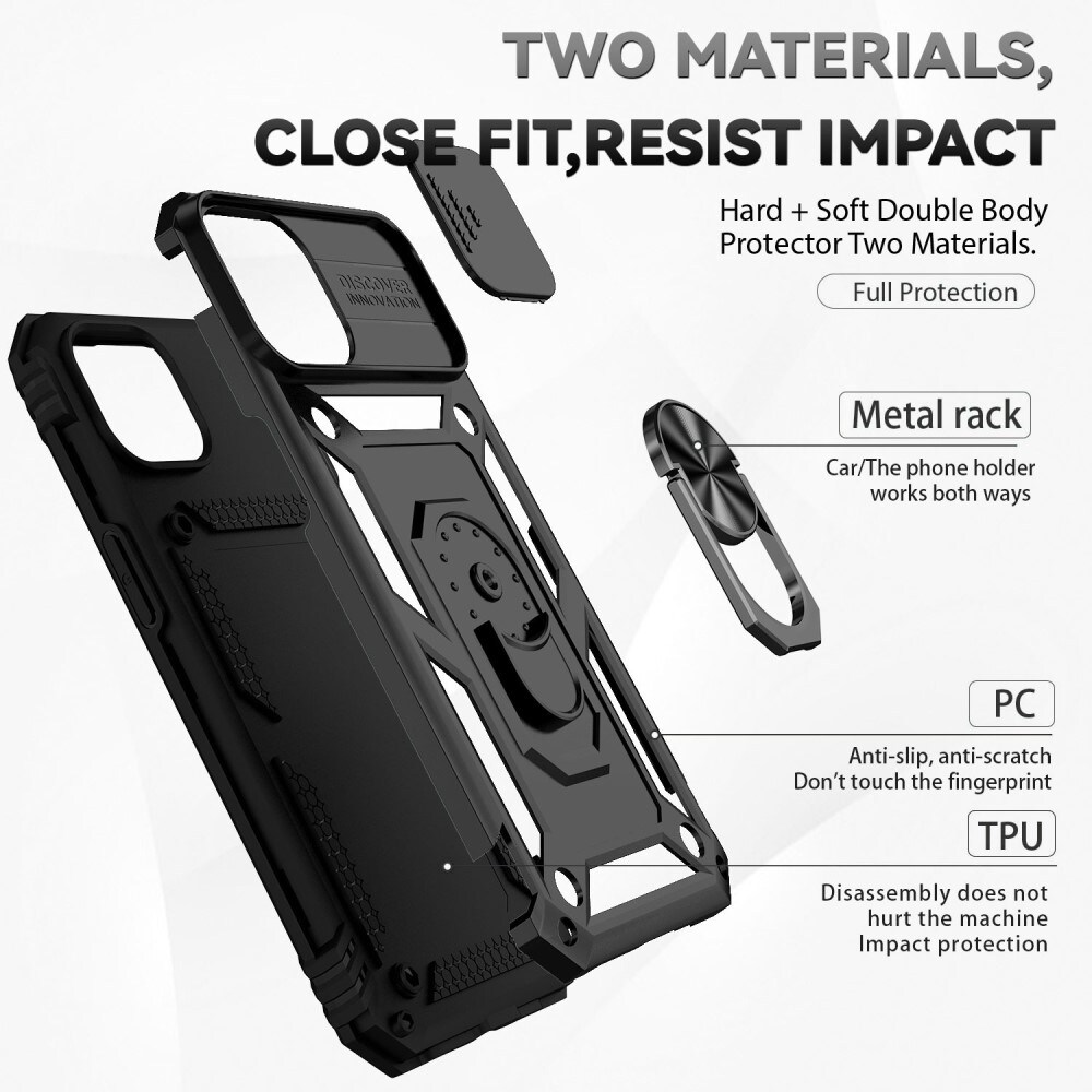 iPhone 14 Cover med kamerabeskyttelse & fingerring, Sort