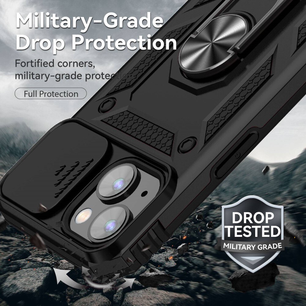 iPhone 14 Cover med kamerabeskyttelse & fingerring, Sort