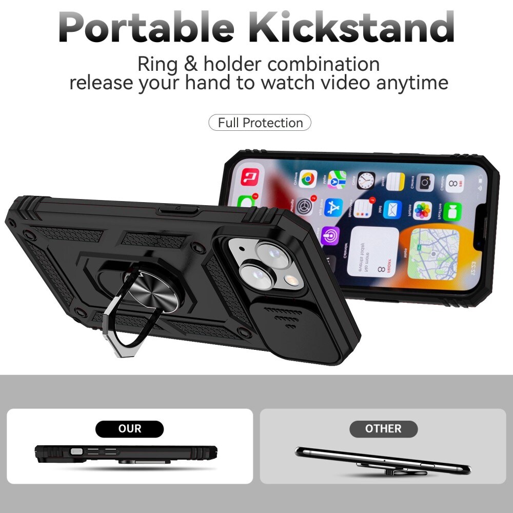 iPhone 14 Cover med kamerabeskyttelse & fingerring, Sort