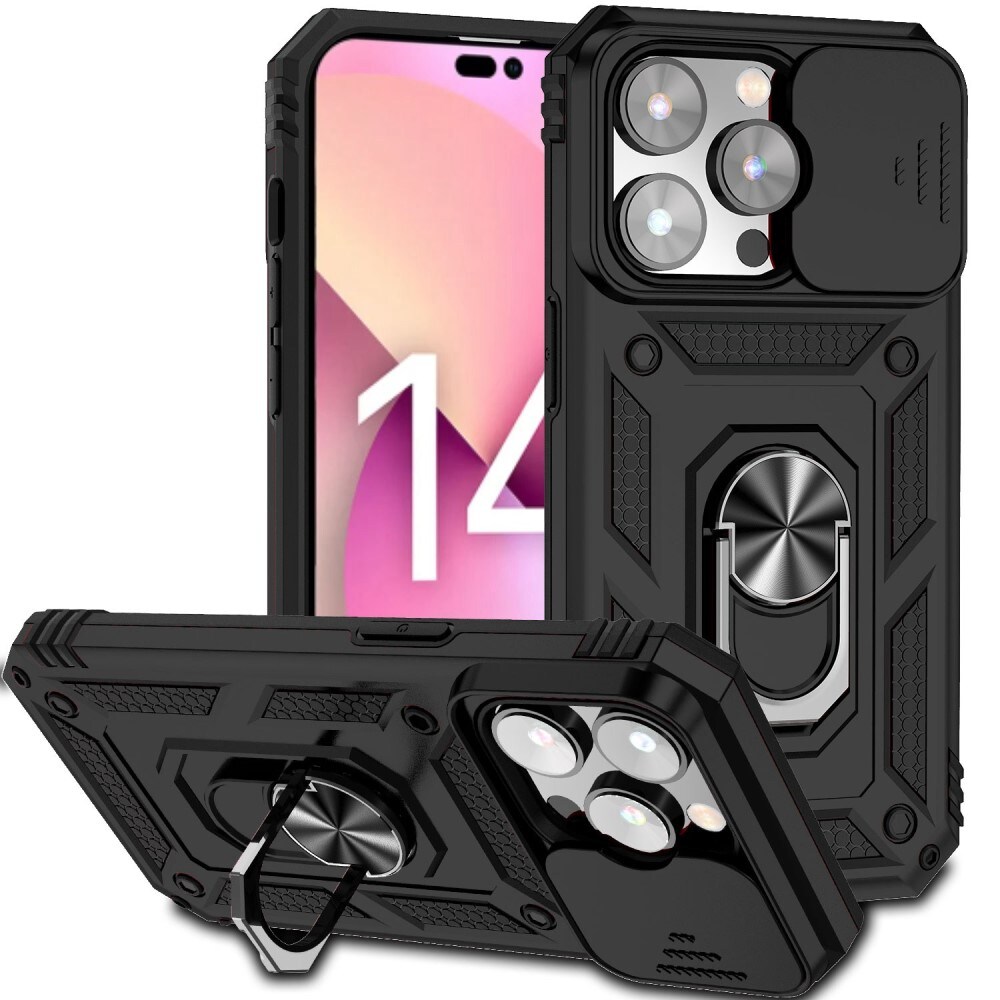 iPhone 14 Pro Cover med kamerabeskyttelse & fingerring, Sort