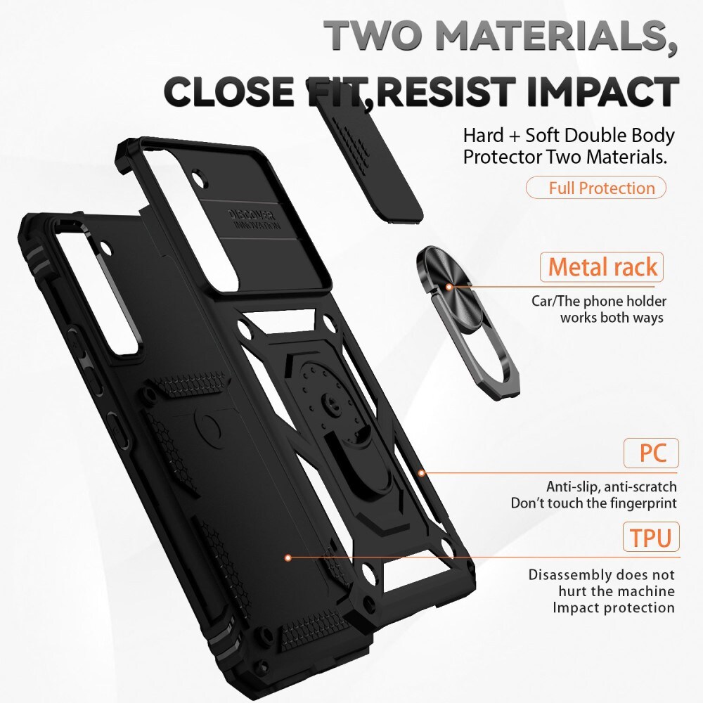 Samsung Galaxy S22 Cover med kamerabeskyttelse & fingerring, Sort