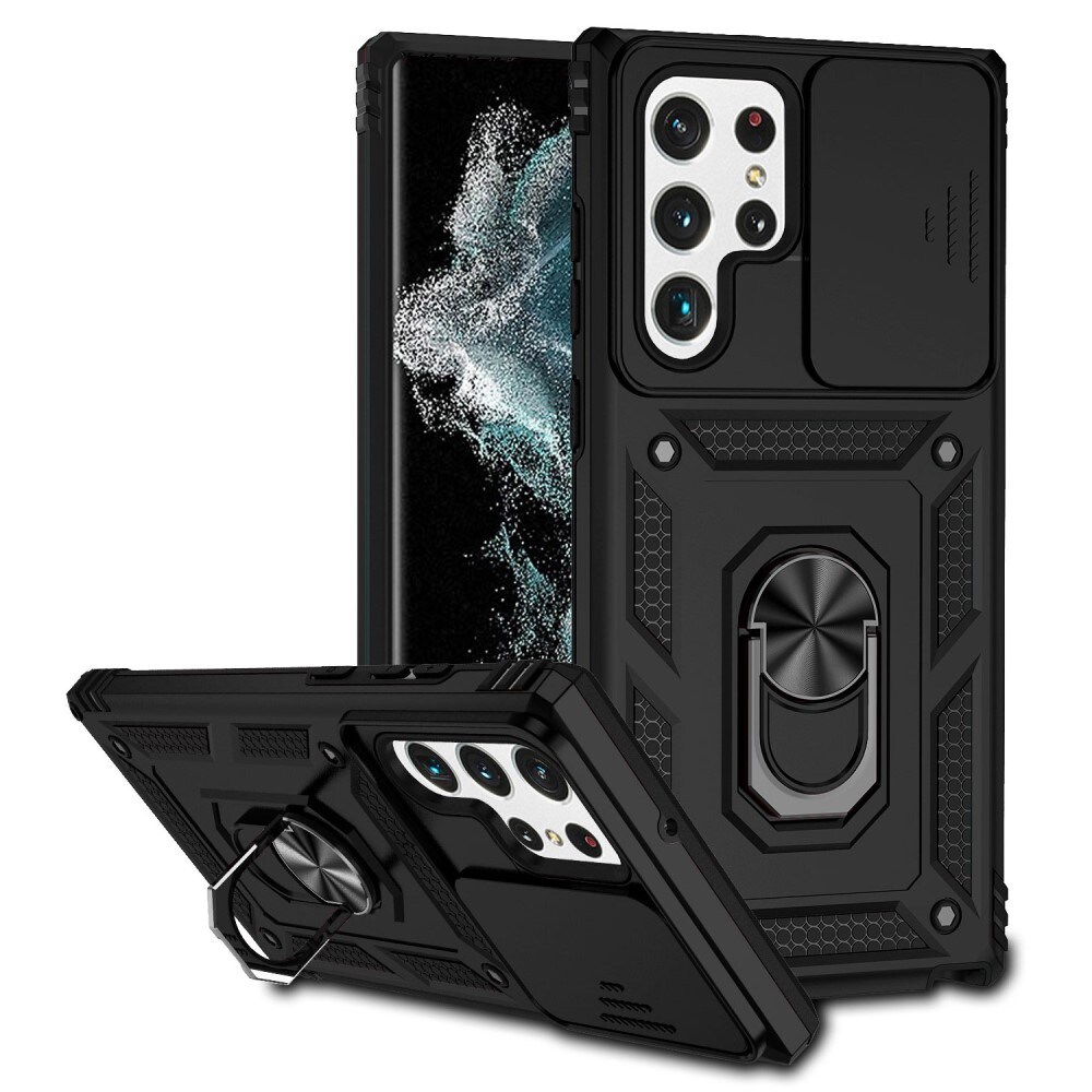 Samsung Galaxy S22 Ultra Cover med kamerabeskyttelse & fingerring, Sort