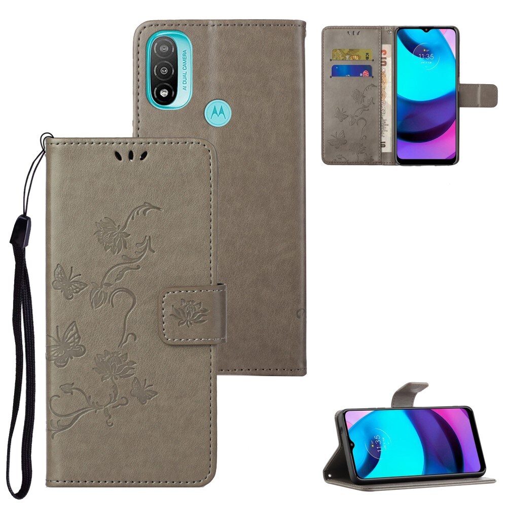 Motorola Moto E20/Moto E40 Mobiletui med sommerfugle, Grå