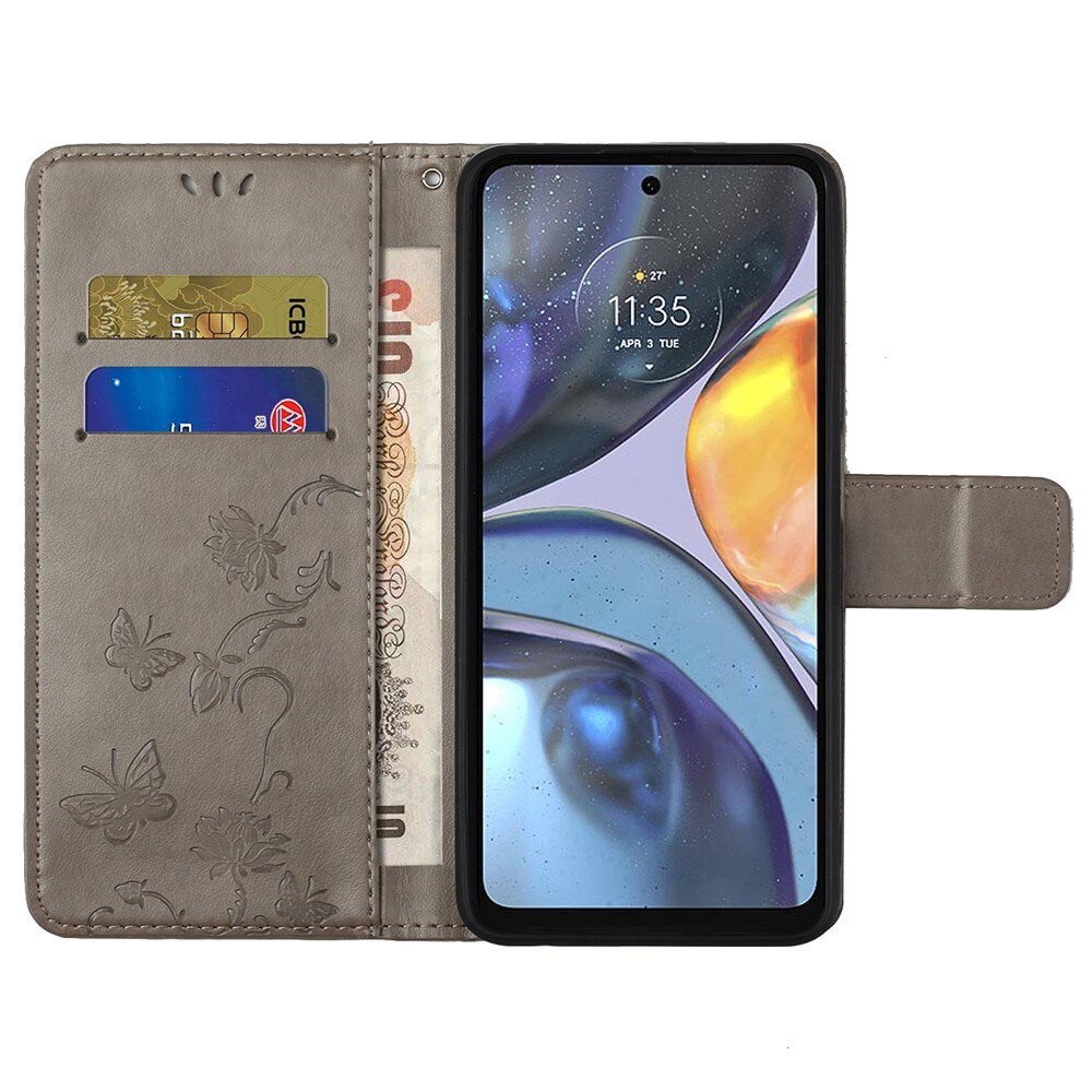 Motorola Moto G22 Mobiletui med sommerfugle, Grå
