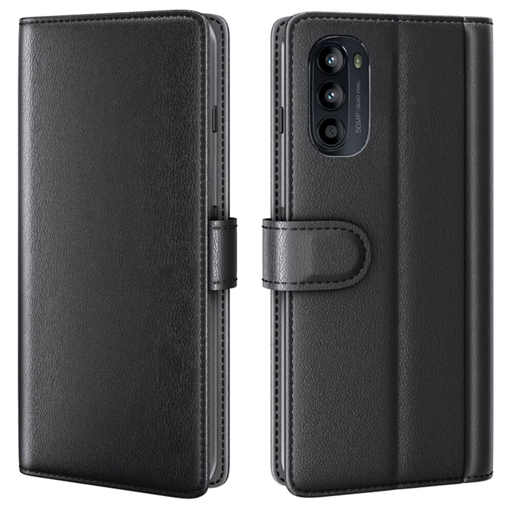 Motorola Moto G82/Moto G52 Slankt mobiletui i ægte læder, Sort