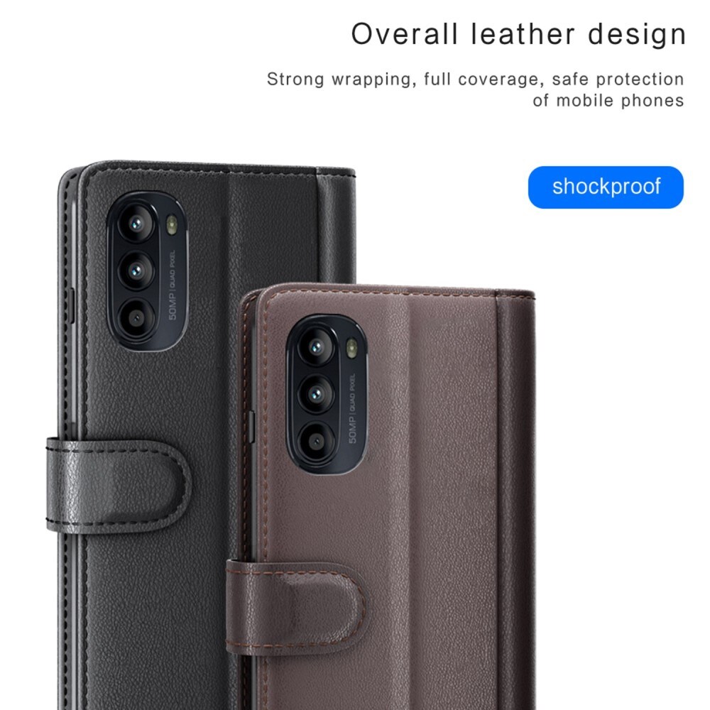 Motorola Moto G82/Moto G52 Slankt mobiletui i ægte læder, Sort