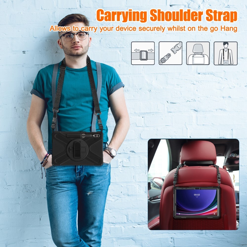 Samsung Galaxy Tab S7 Plus Robust hybridskal med skulderrem Sort