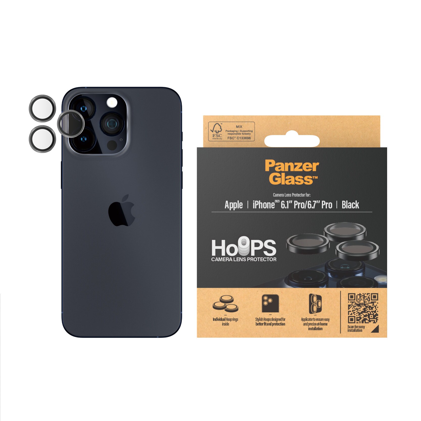 iPhone 15 Pro Max Hoops linsebeskyttelse med aluminiumramme, Sort