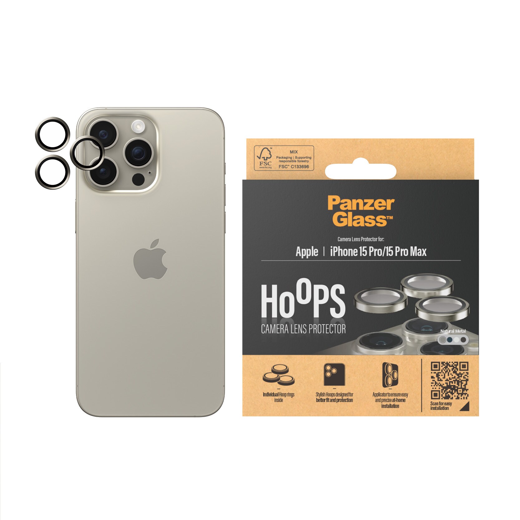 iPhone 15 Pro Max Hoops linsebeskyttelse med aluminiumramme, Natural Metal