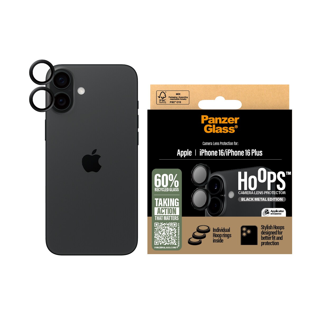 iPhone 16 Hoops linsebeskyttelse med aluminiumramme, Sort