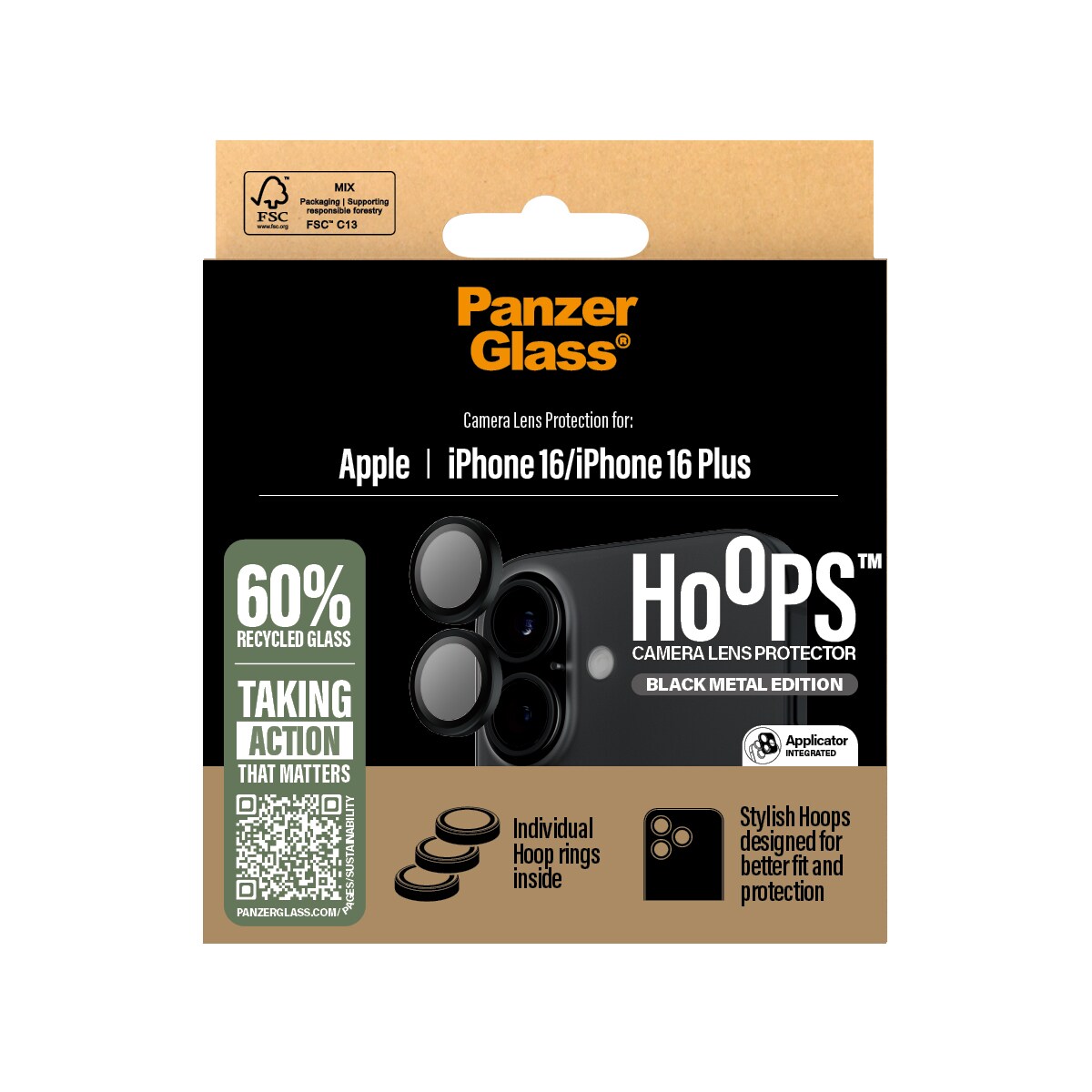 iPhone 16 Hoops linsebeskyttelse med aluminiumramme, Sort