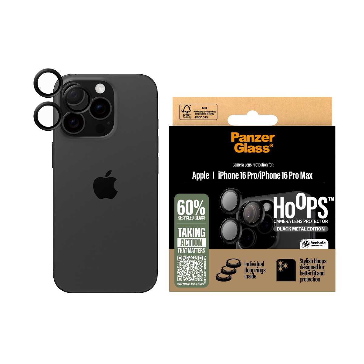 iPhone 16 Pro Max Hoops linsebeskyttelse med aluminiumramme, Sort