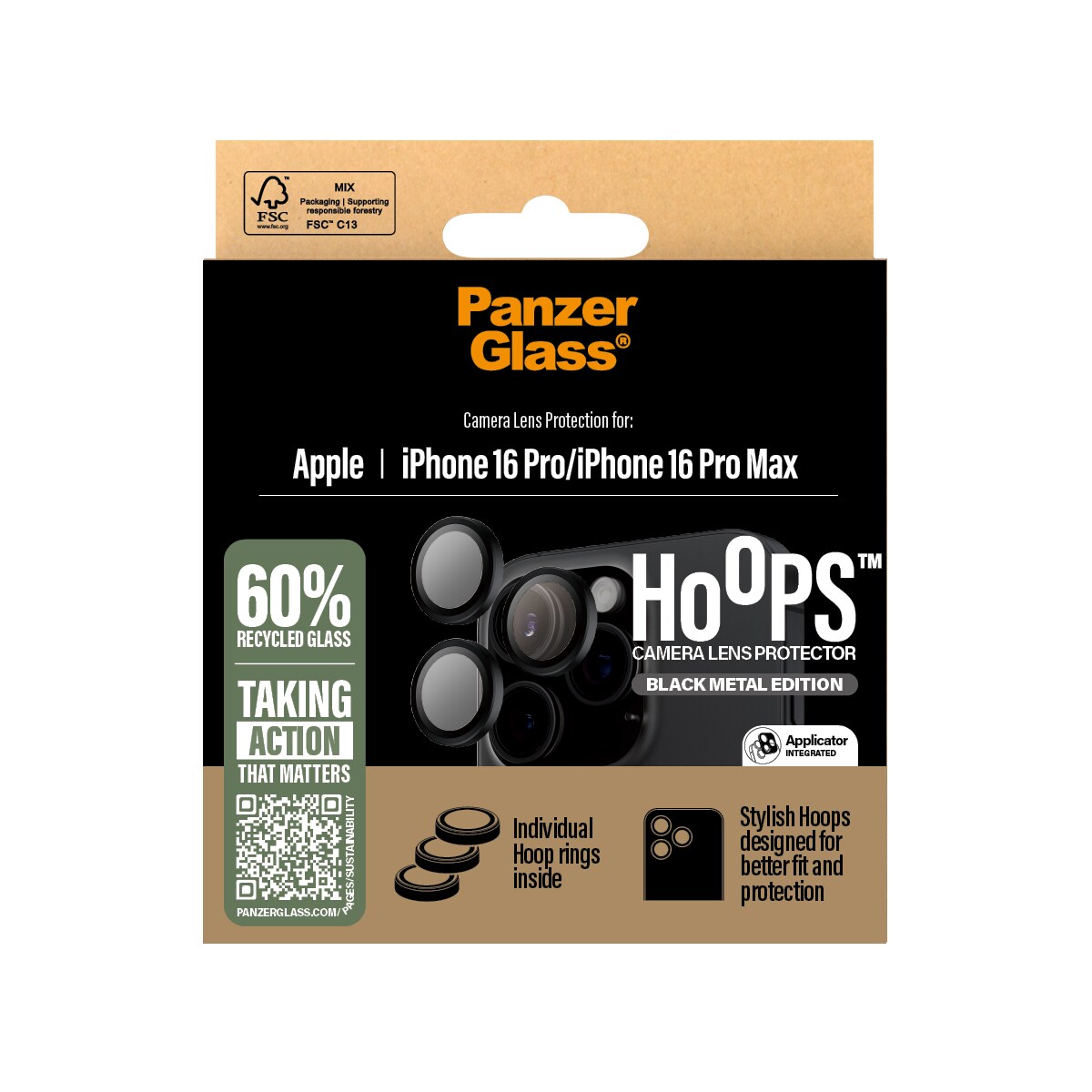 iPhone 16 Pro Max Hoops linsebeskyttelse med aluminiumramme, Sort