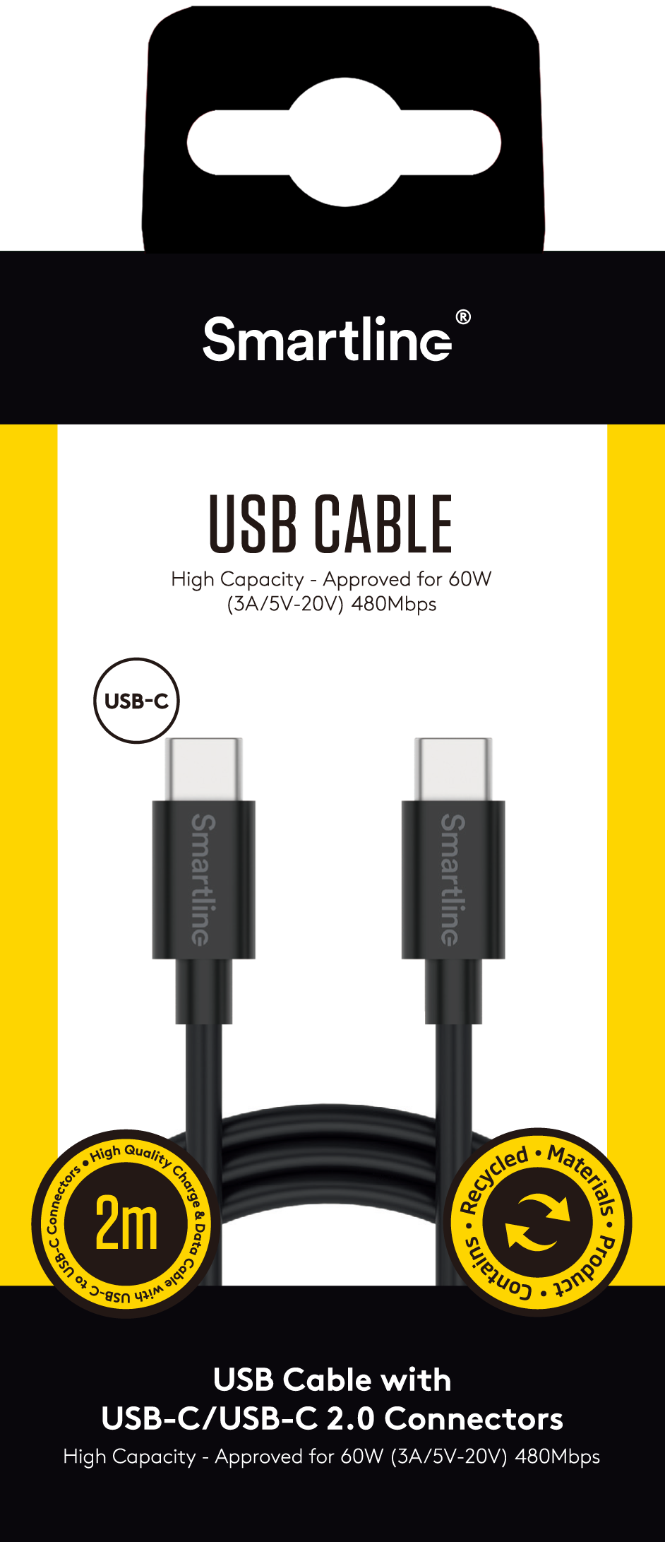 Opladningskabel 2m USB-C, Sort