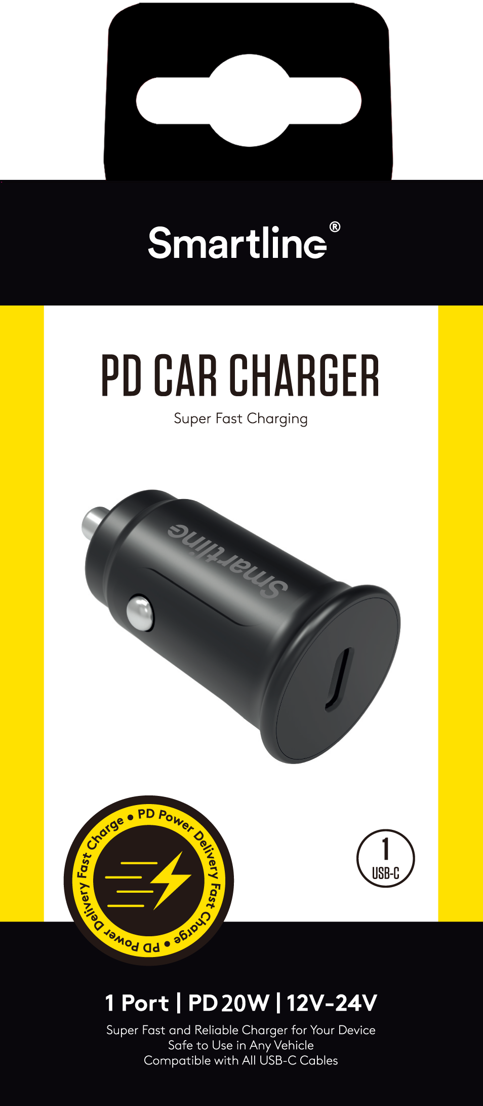 Biloplader USB-C 20W PD, Sort