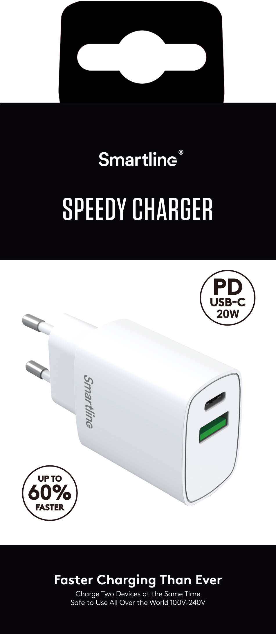Vægoplader med USB-C + USB-A PD 20W, Hvid