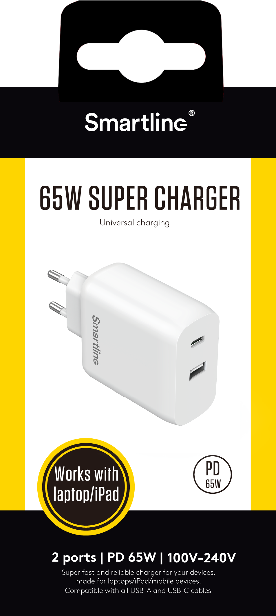 Vægoplader dobbelt port USB-C & USB-A 65W PD, Hvid