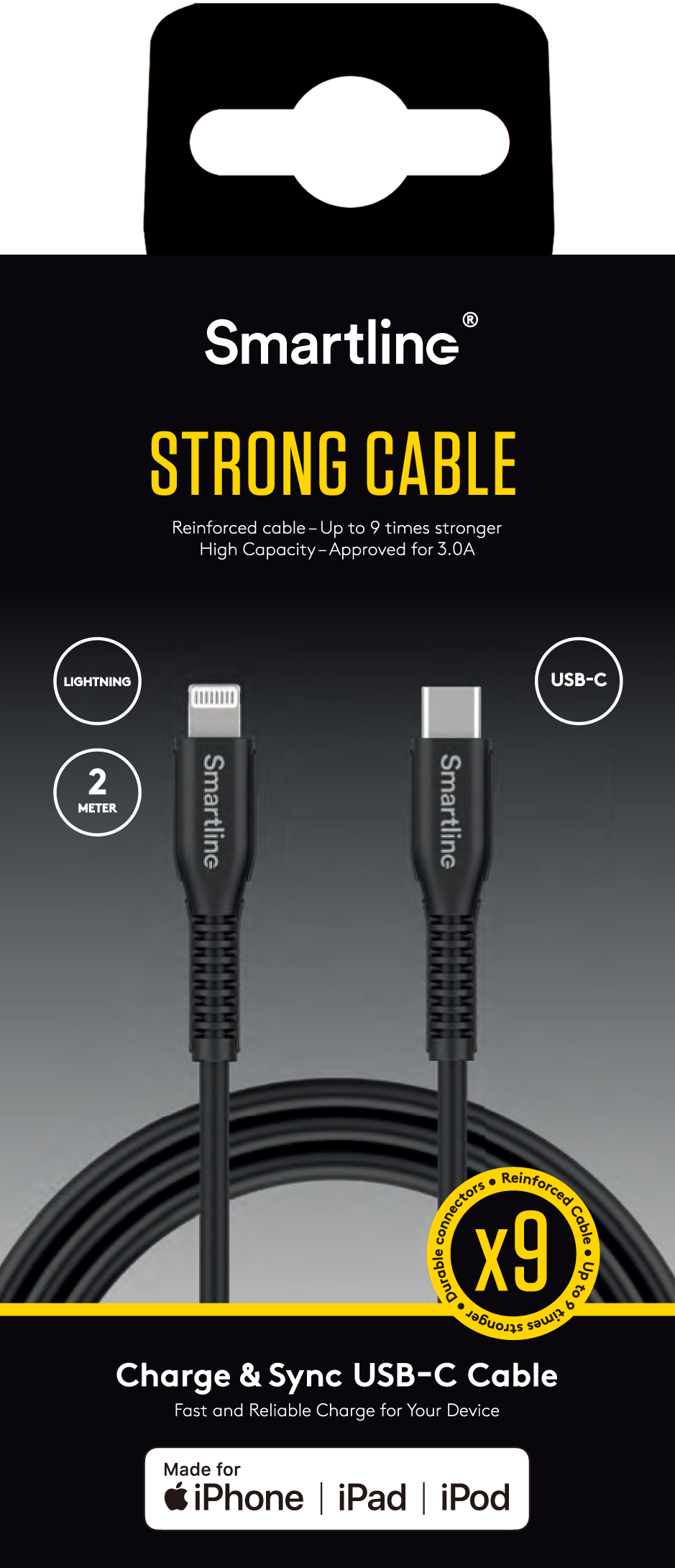 Slidstærk opladningskabel 2m USB-C til Lightning, Sort