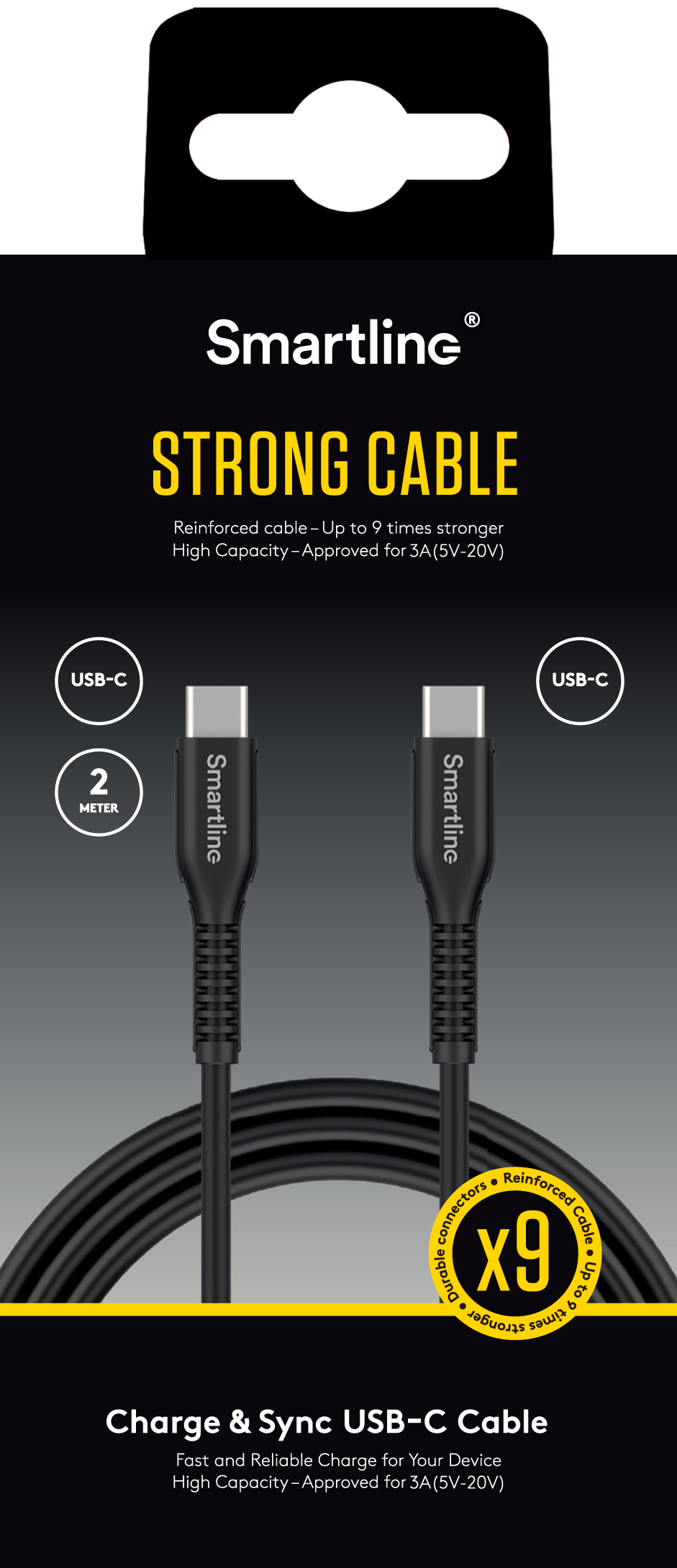 Slidstærk opladningskabel 2m USB-C til USB-C, Sort