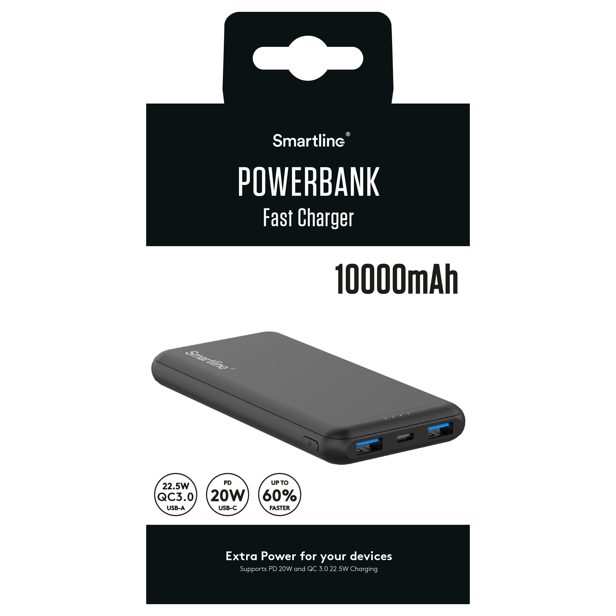 Powerbank 10000 mAh USB-A + USB-C PD, Sort