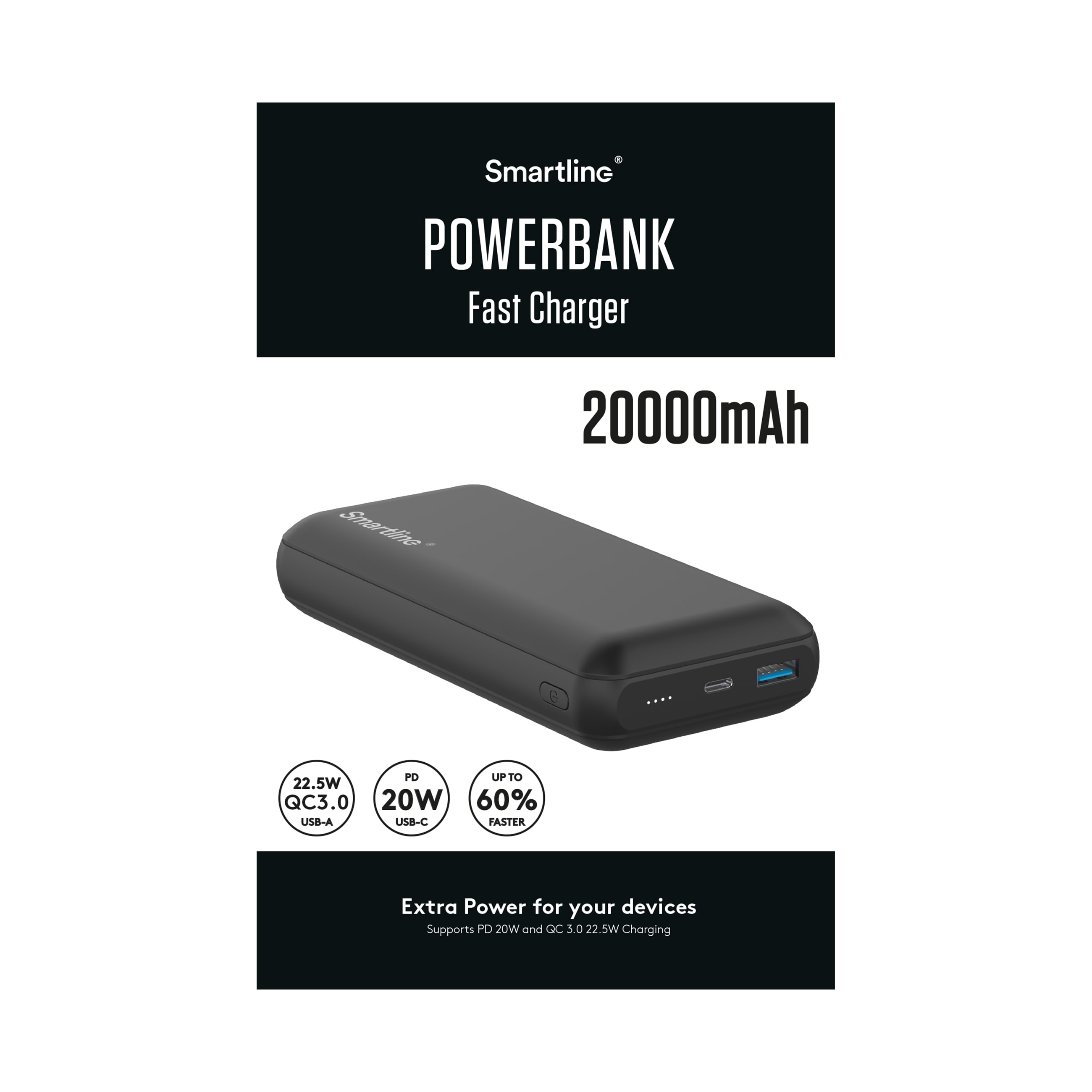 Powerbank 20000 mAh USB-A + USB-C PD, Sort