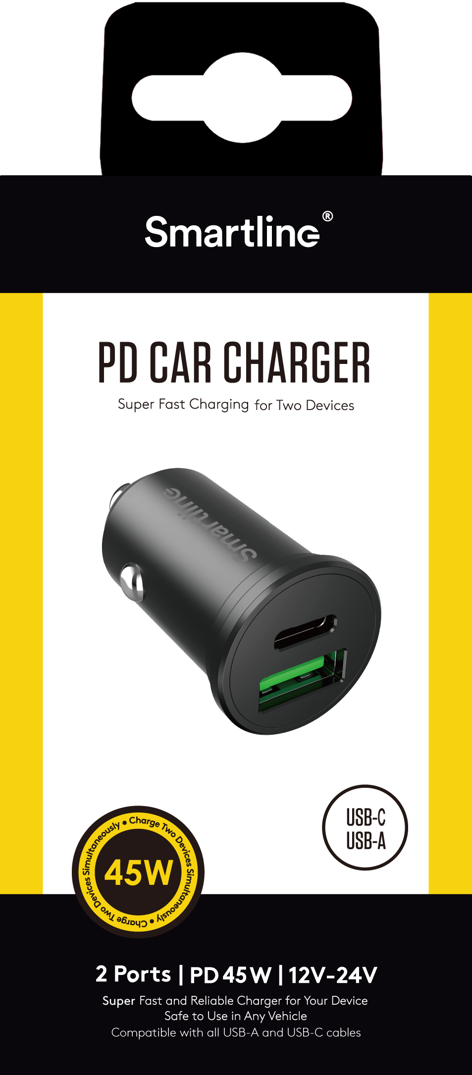 Biloplader med USB-C + USB-A port PD 45W, Sort