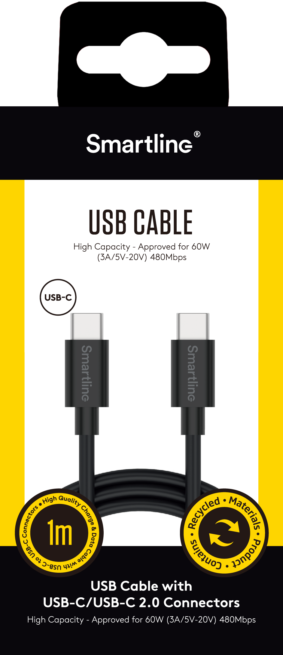 Opladningskabel 1m USB-C - USB-C, Sort