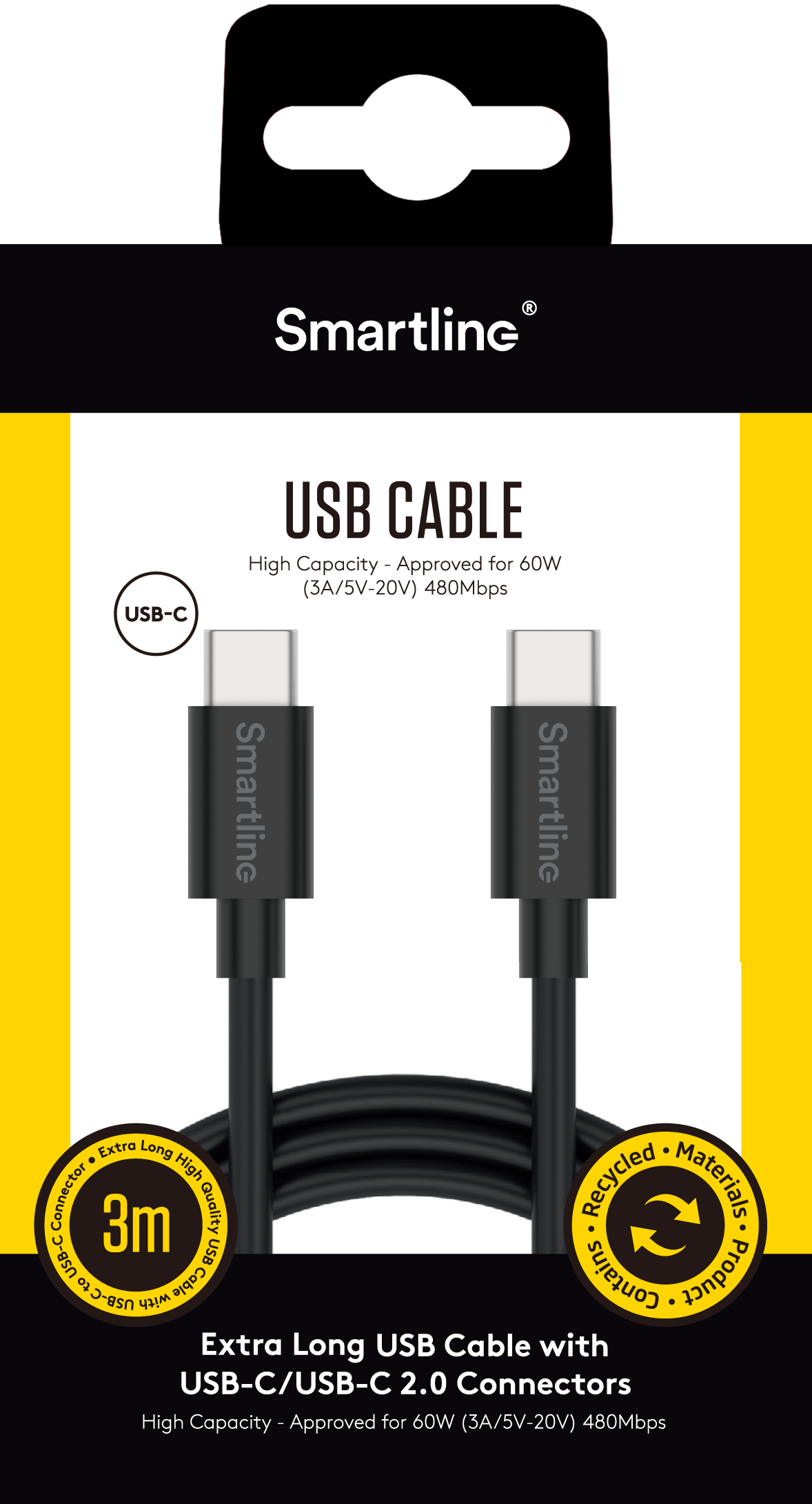 Opladningskabel 3m USB-C, Sort