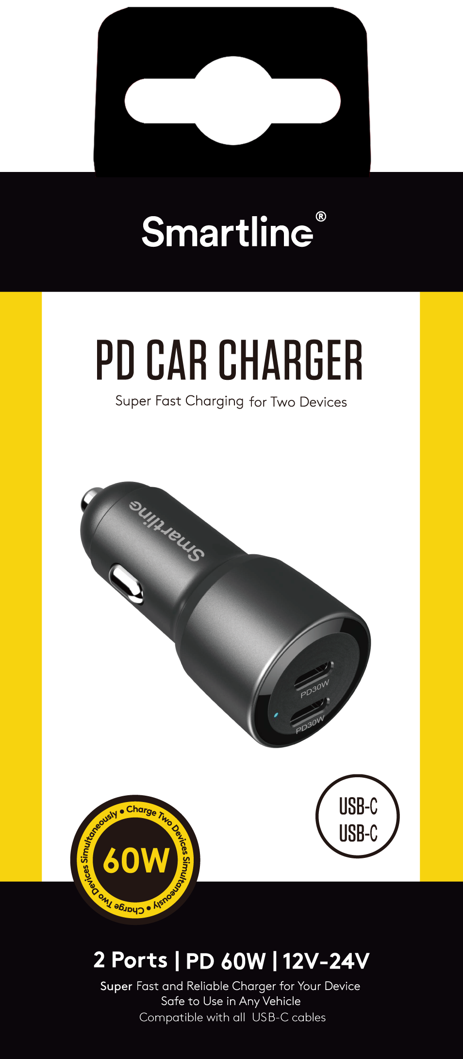 Biloplader 60W 2x USB-C PD, Sort