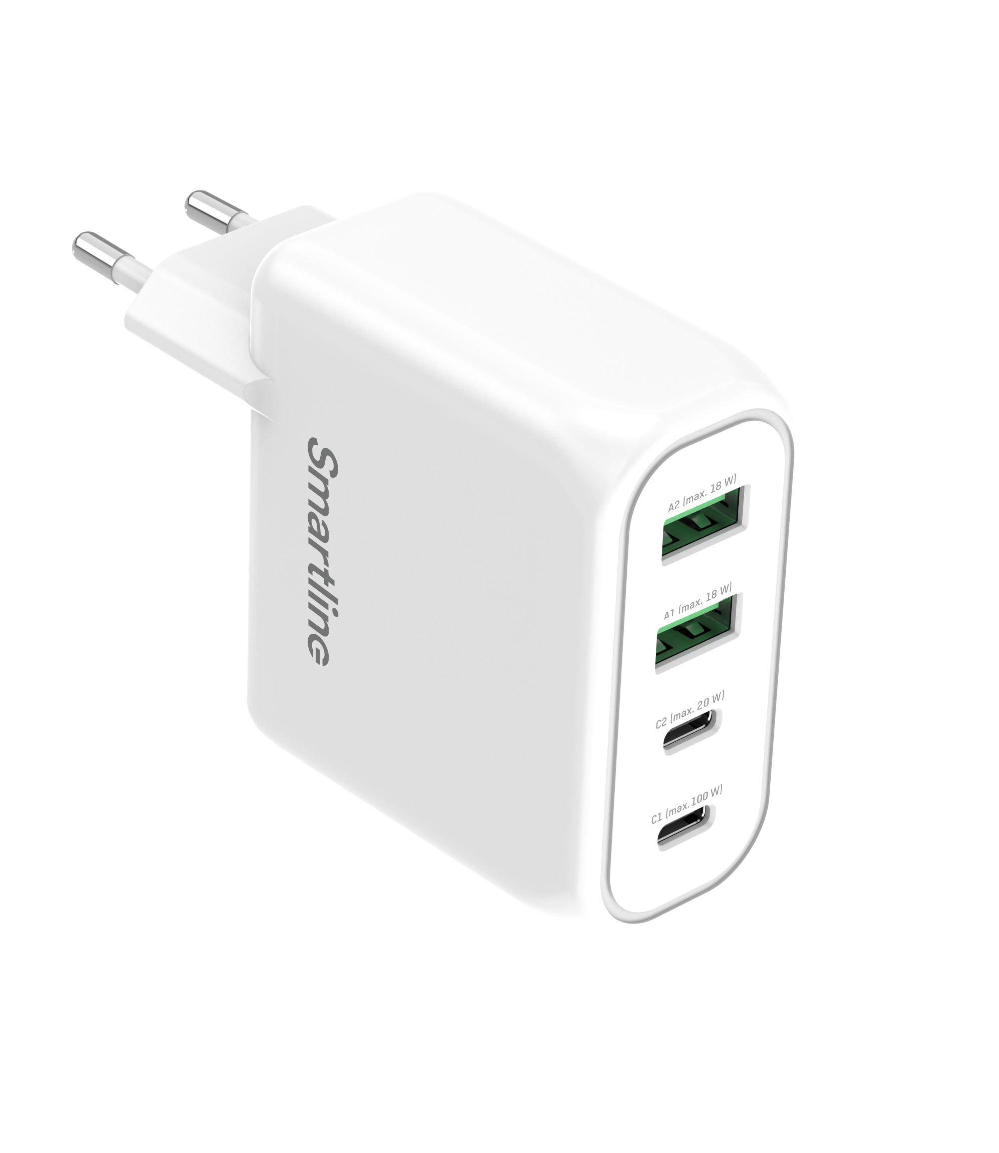 Vægoplader 100W Power Delivery 2x USB-C & 2x USB-A, Hvid
