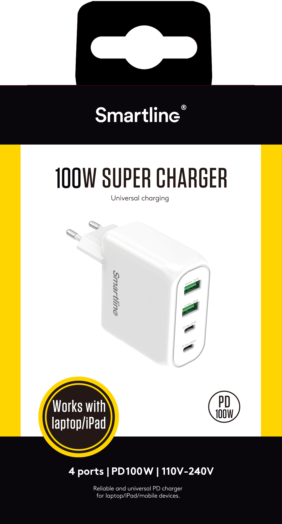 Vægoplader 100W Power Delivery 2x USB-C & 2x USB-A, Hvid