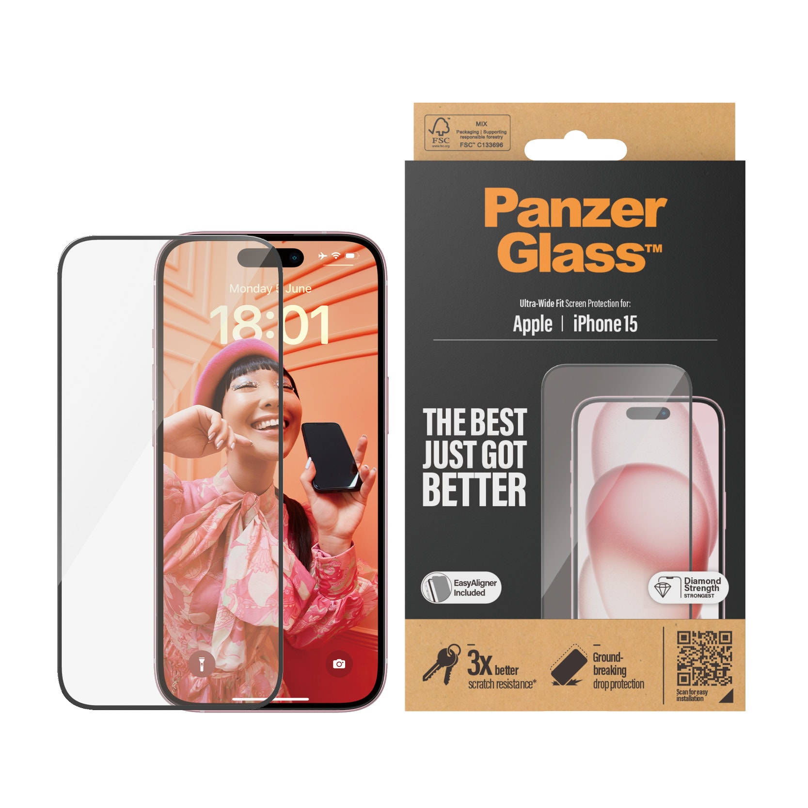 iPhone 15 Skærmbeskytter med monteringsramme - Ultra Wide Fit