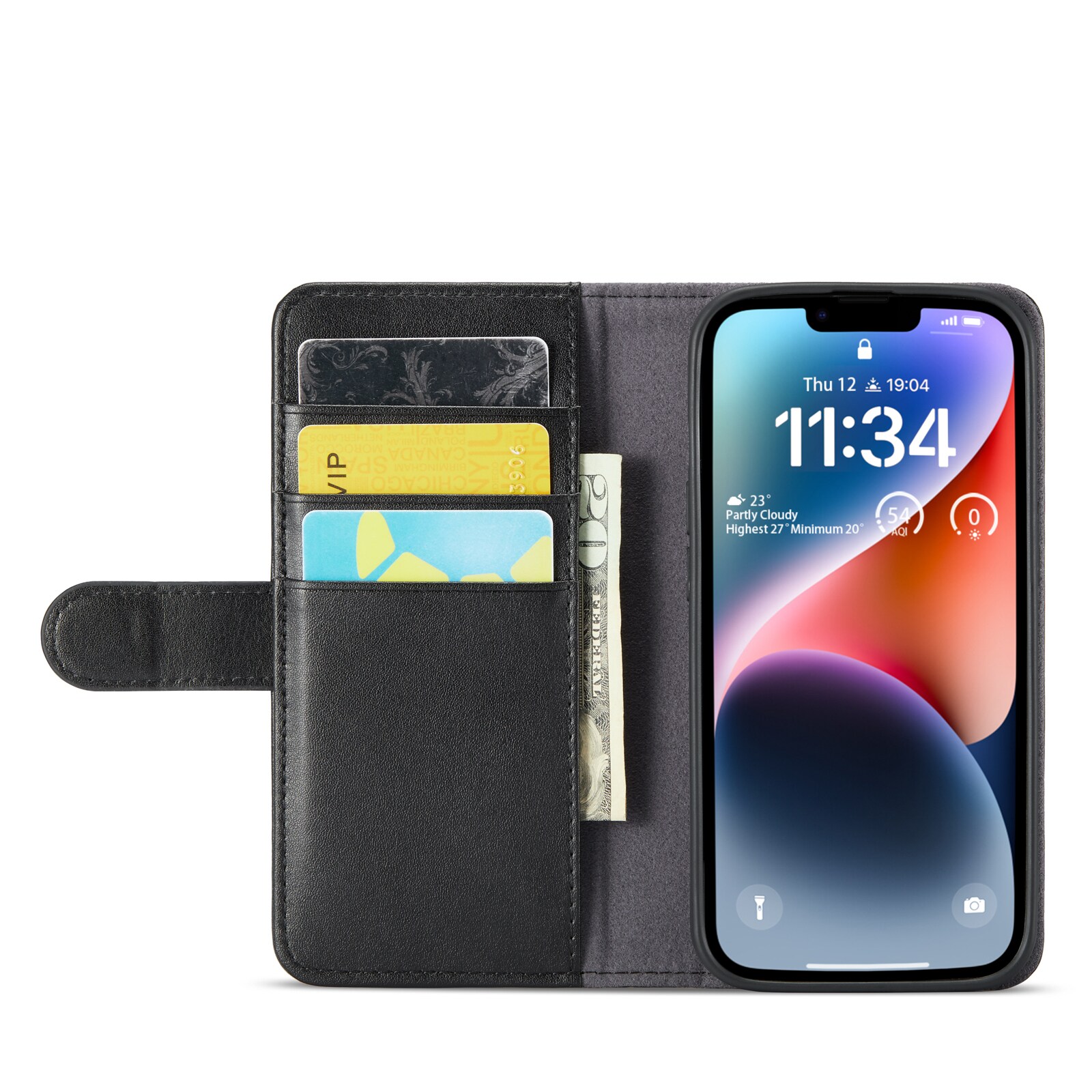 iPhone 14 Plus Pungetui i ægte læder, Sort