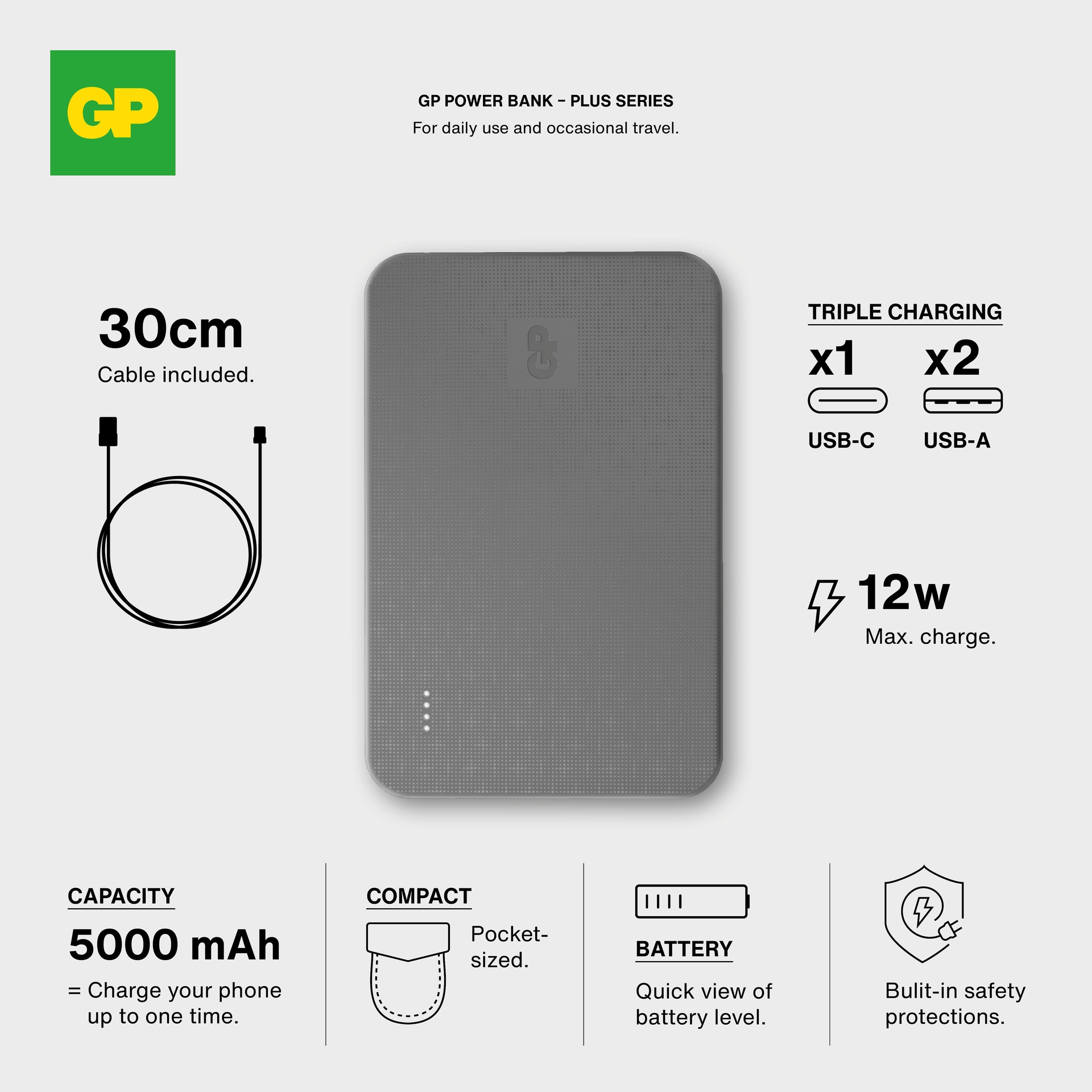 Powerbank Plus 5000 mAh, Sort