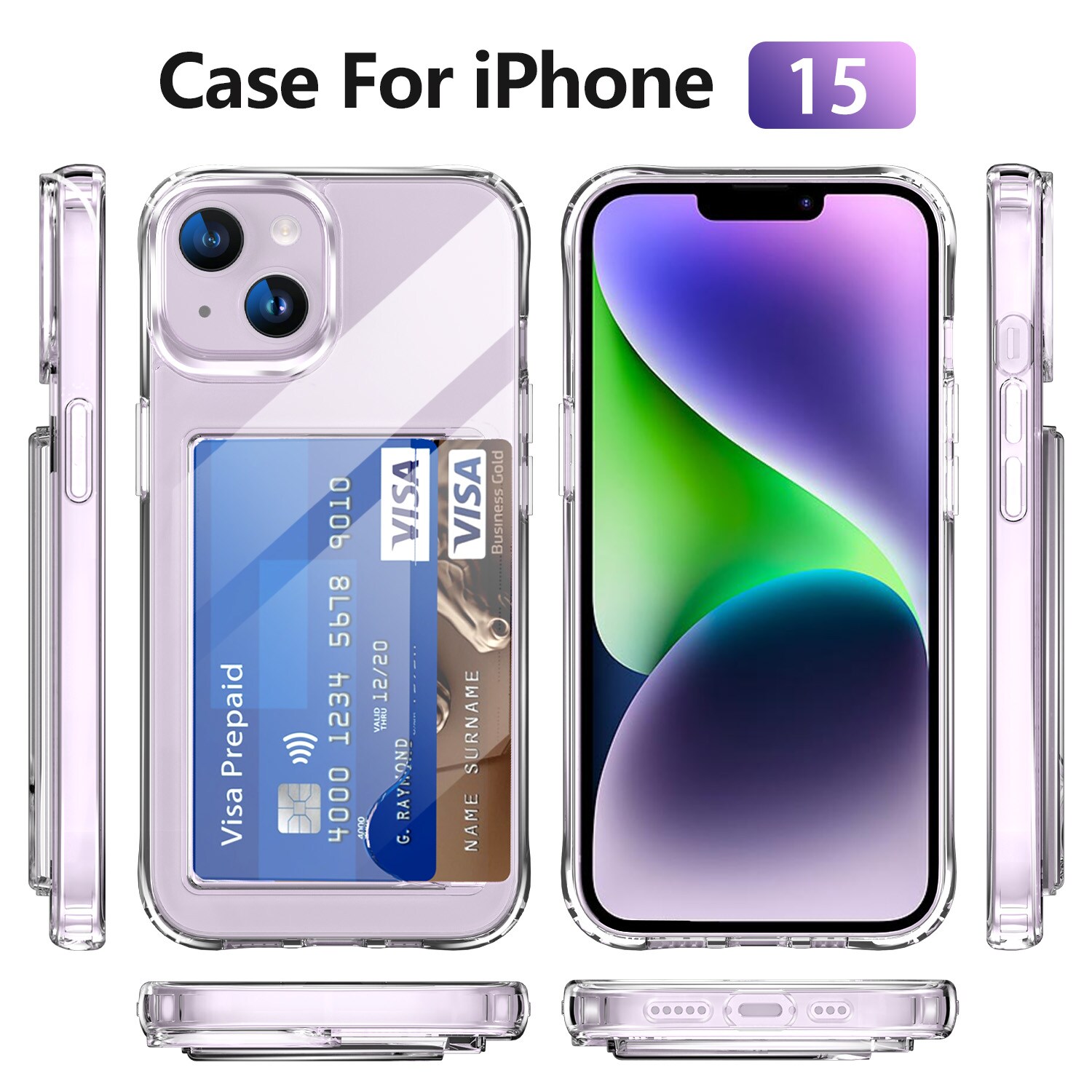 iPhone 15 Hybridcover med indbygget kortholder, Gennemsigtig